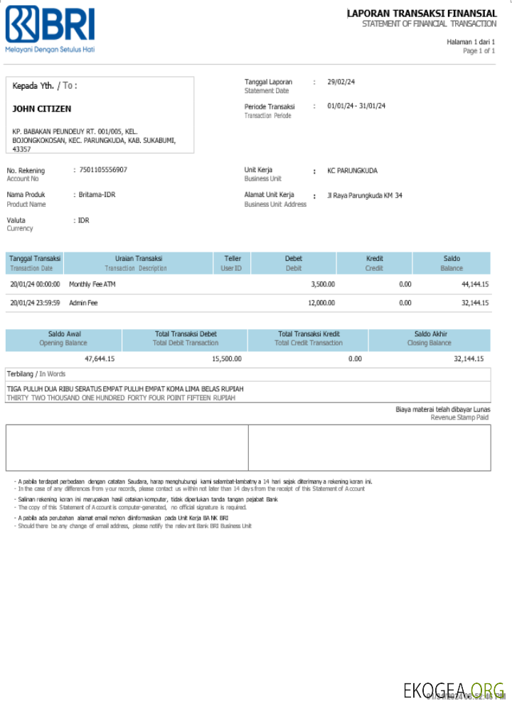 Déclaration BRI de la Banque indonésienne Exemple Word et PDF